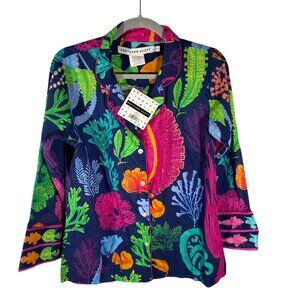 Gretchen Scott Sea Sway PJ top only XXS Bright Coral & Leaf Print Navy fish nove